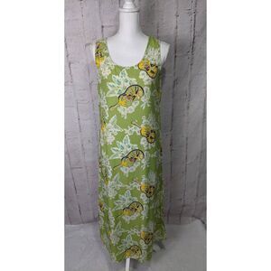 Hilo Hattie Womens Green Ukulele Floral Sleeveless Tank Midi Dress Hawaiian Sz M